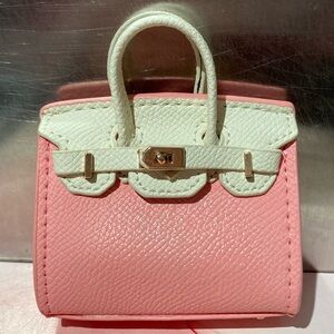 👜 Handmade Mini Pink White Faux Leather Birkin AirPods Tote Bag Charm Miniature